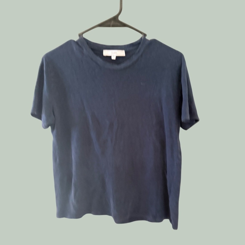 Clara Navy Blue 100% Linen Short‎ Sleeve Crewneck T-Shirt Womens Small Portugal